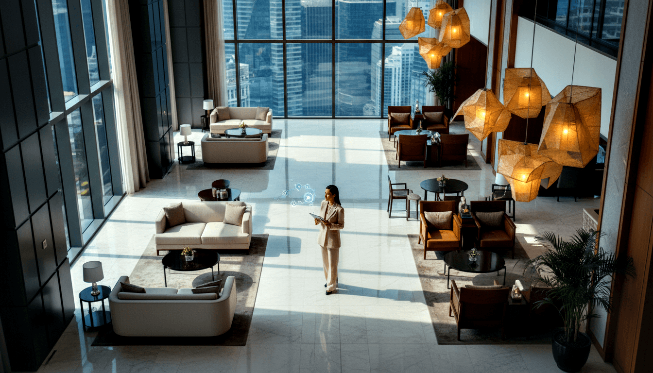Woman in cream pantsuit holds tablet with holographic UI in grand marble lobby with city skyline through floor-to-ceiling windows.