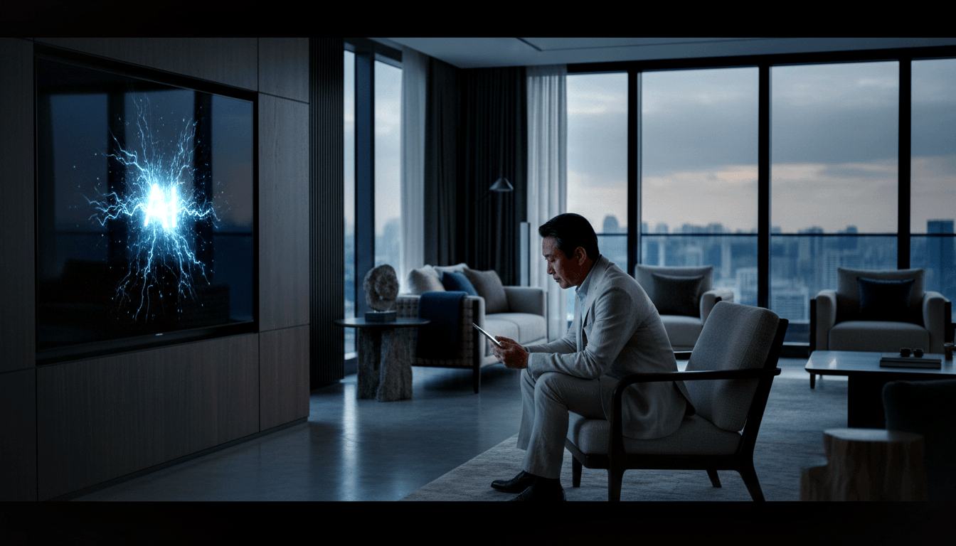Middle-aged East Asian man in gray suit sits in armchair holding a device, facing a wall screen showing blue-white electrical discharge.