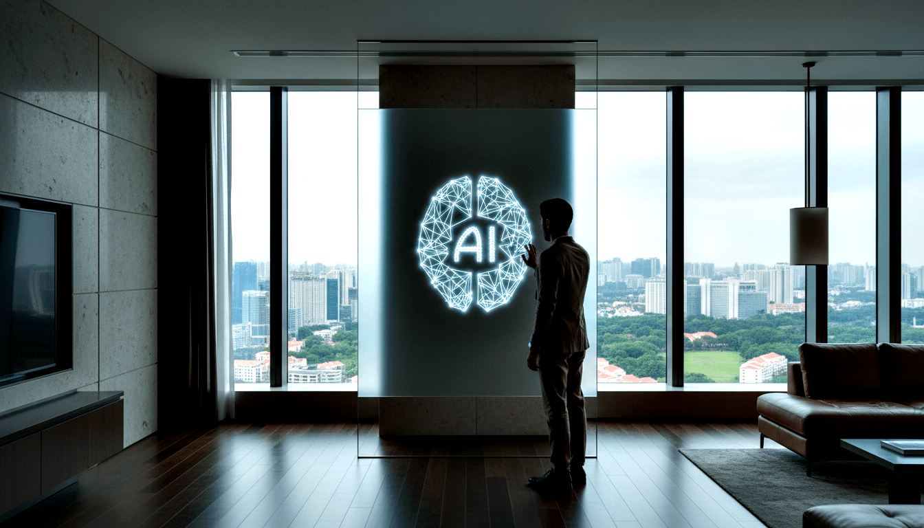 Person from rear faces a glowing translucent panel displaying a polygon-mesh brain graphic with 'AI' at center, in a dimly lit room.