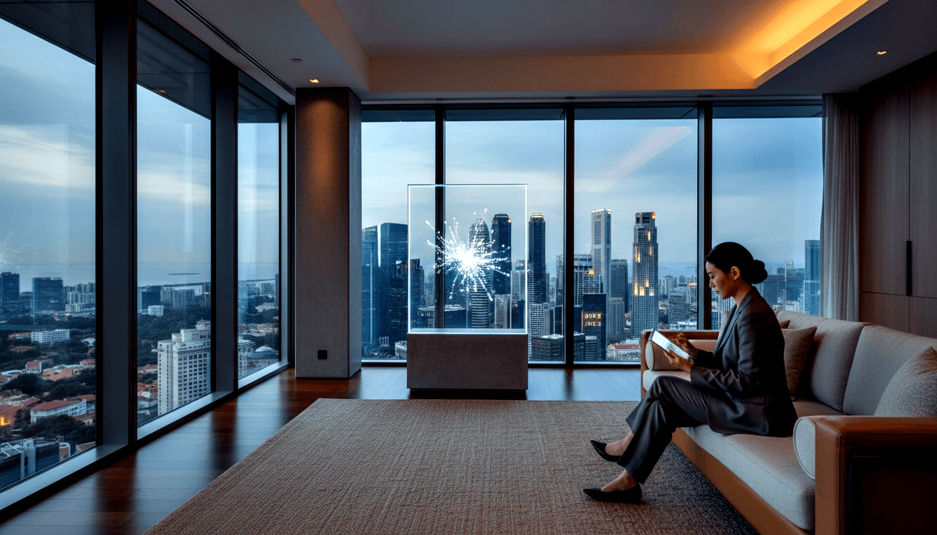 Woman in dark gray suit with hair in bun sits on beige sofa looking down at object, twilight urban skyline visible behind her.
