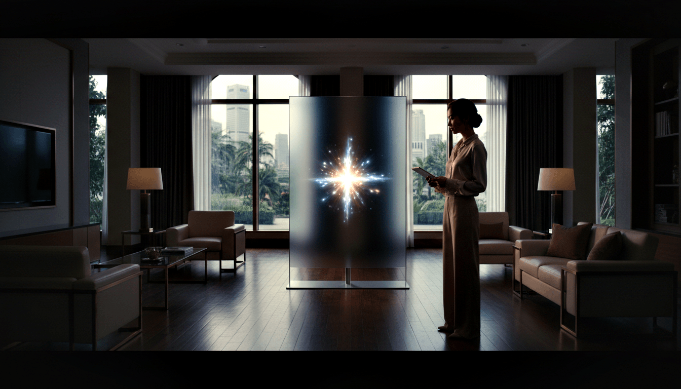Woman with pulled-back hair holding a tablet gazes at a tall frosted glass panel emitting a blue-white starburst glow in a CGI interior.