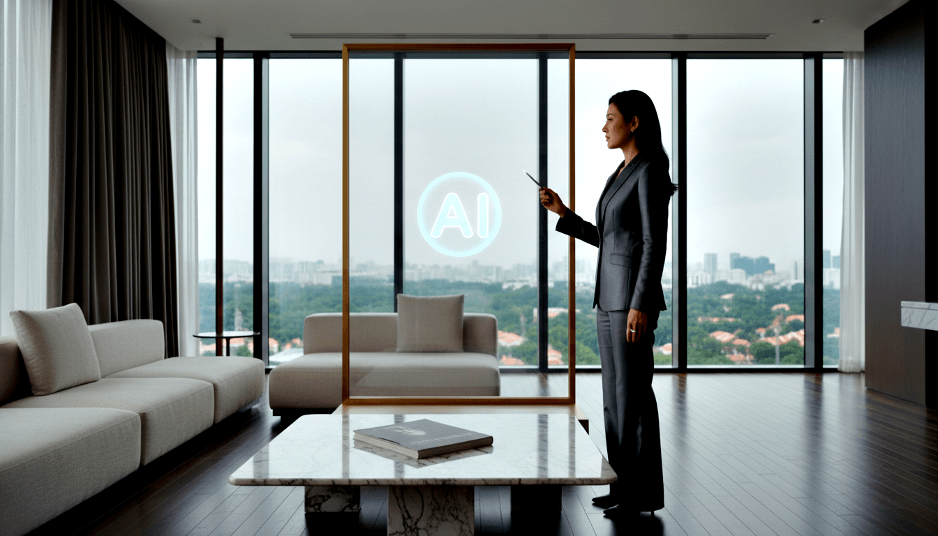 Woman in charcoal suit holds device facing gold frame with glowing cyan holographic circle inscribed 'AI' in high-rise room.