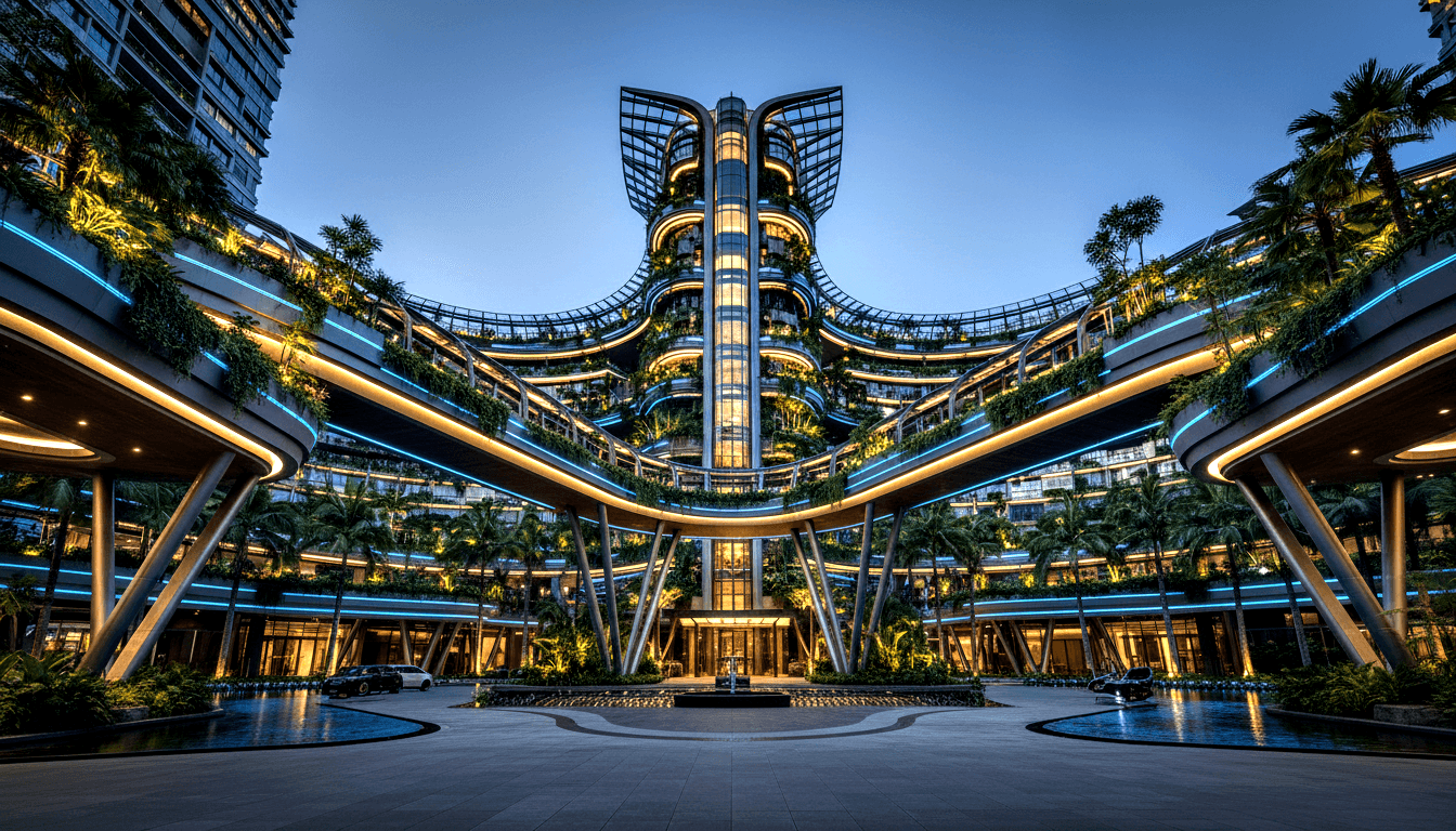 Curved terraced building dense with tropical vegetation, amber and cyan lighting, glass central tower, shot at twilight from courtyard.