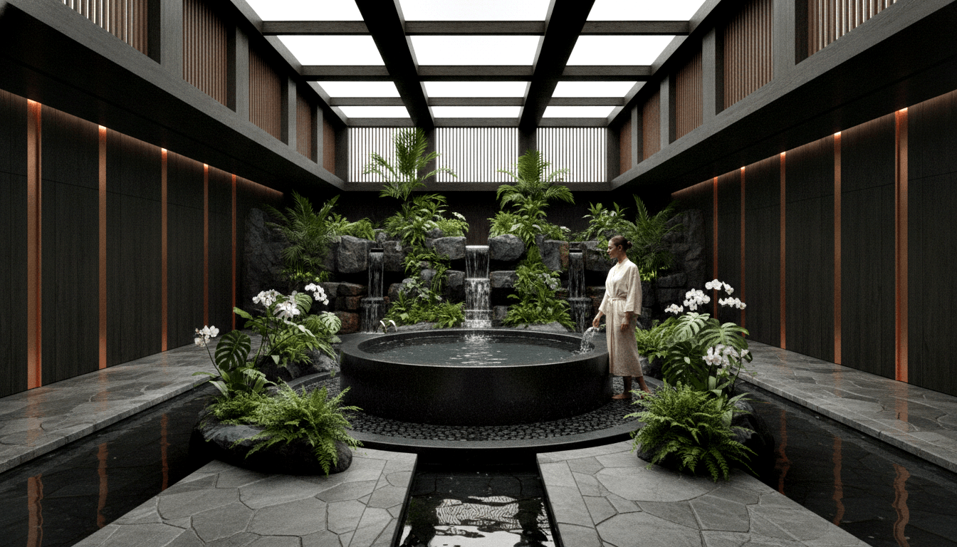 Circular black stone soaking pool with three-tiered rock waterfall backed by tropical ferns and orchids; woman in cream robe stands at right.