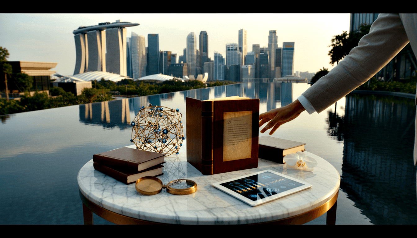 Marble table on terrace with books, journal, molecular sculpture, compass, orchid, tablet; infinity pool and city skyline behind.