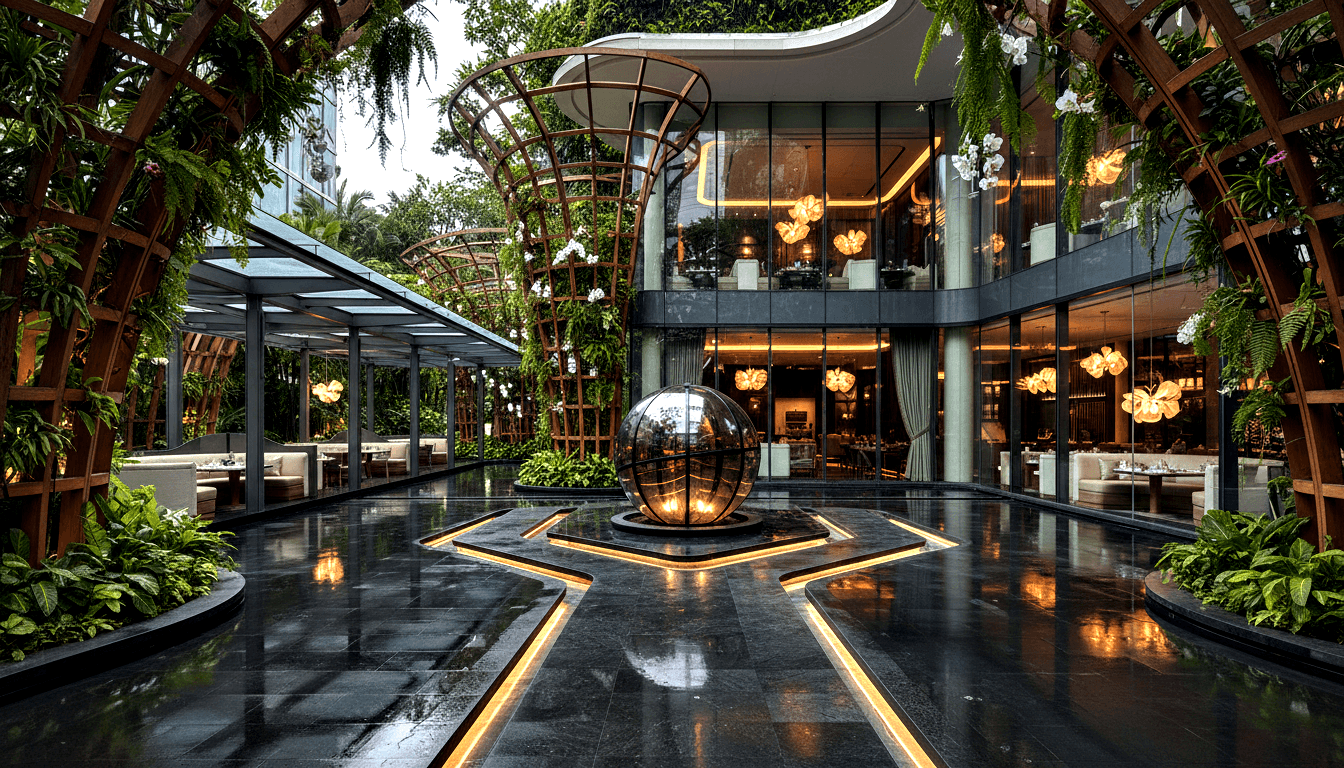 Rust lattice trellises frame a glowing chrome sphere; behind, a two-story glass façade lit by amber butterfly pendant lights.