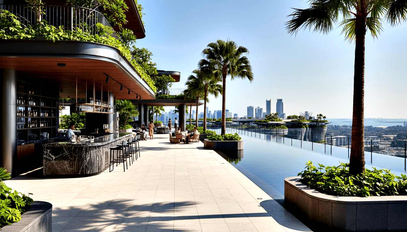 Rooftop terrace bar with dark marble counter, infinity pool, tropical palms, glass railings, and coastal skyline with harbor beyond.