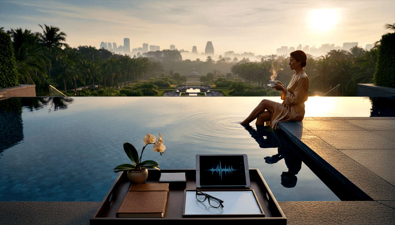 Woman in golden silk robe sits at infinity pool edge at sunrise, legs in water, holding steaming cup, gazing at horizon.