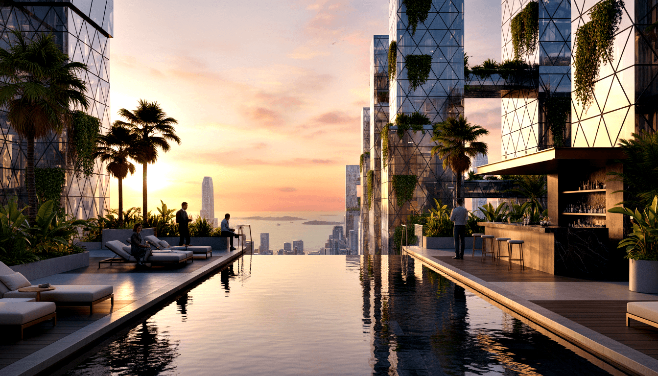 CGI rooftop infinity pool between two glass-steel towers with green vegetation, four figures, lounge chairs, palms, sunset.