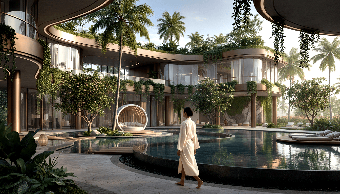 CGI render: curved pool with white sunloungers, tropical palms, vine-draped balconies, and a woman in a white bathrobe on the deck.