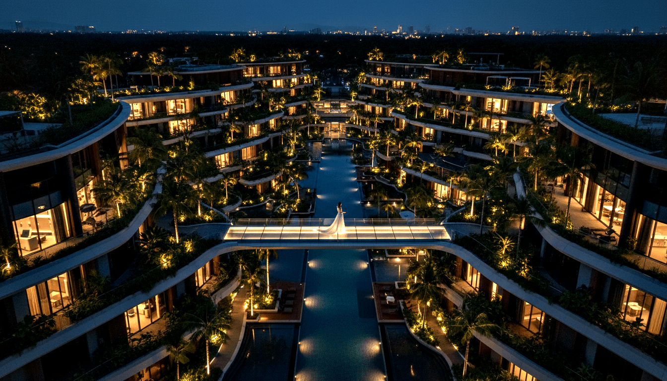 Aerial night view of a symmetrical resort around a teal-lit pool channel, with a figure in a white gown on a backlit glass bridge.