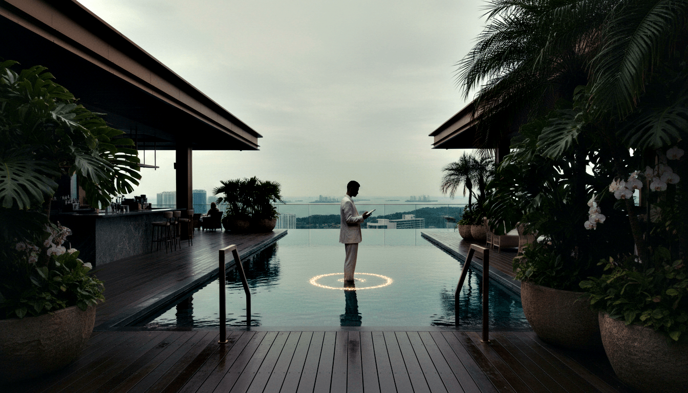 Person in cream-white suit stands at infinity pool edge on rooftop terrace, glowing circular light beneath feet, panoramic waterfront skyline.