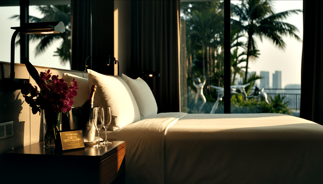 Hotel bed with white linens, nightstand with ice bucket, bottle, crystal flutes, magenta orchids; windows show palm trees and high-rises.