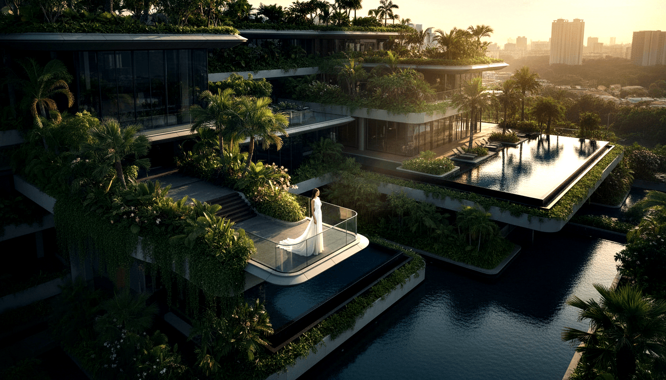 Figure in long white gown on glass-railed balcony of terraced multi-level complex with cascading pools and tropical vegetation.