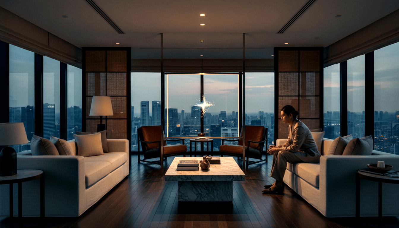 Person in light gray suit sits on cream sofa, leaning forward with hands clasped, floor-to-ceiling windows revealing a twilight urban skyline.