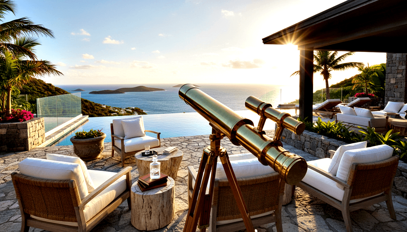 Brass antique-style telescope on wooden tripod on stone terrace with rattan chairs, infinity pool, and sea with green islands beyond.