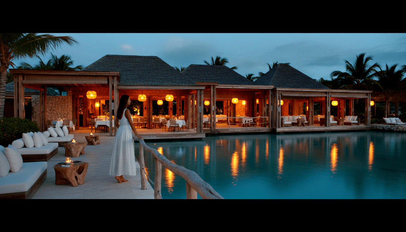 Woman in white gown at rope railing on deck faces amber-lit thatched pavilions reflected on still turquoise water at twilight.
