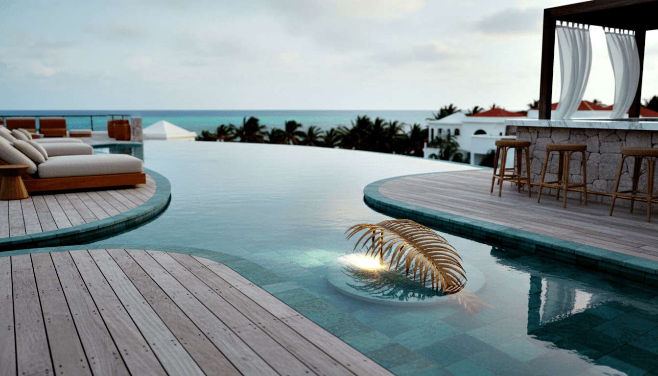 Infinity pool with green-teal tile edging merging with turquoise sea, gold sculptural palm frond at center, flanked by loungers and stone bar.