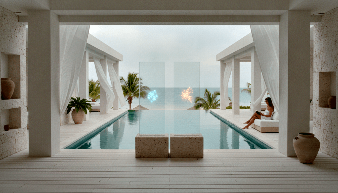 Colonnaded terrace with sheer curtains opens to teal infinity pool facing ocean; woman in white reads on daybed at pool's edge.