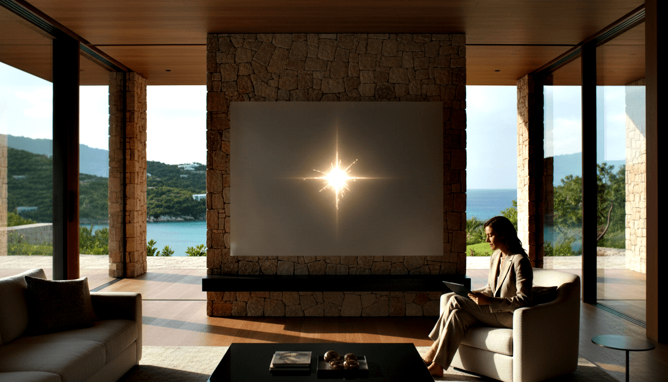 Open-plan room with glowing stone wall panel, curved armchairs, glass walls revealing turquoise water and green hills.
