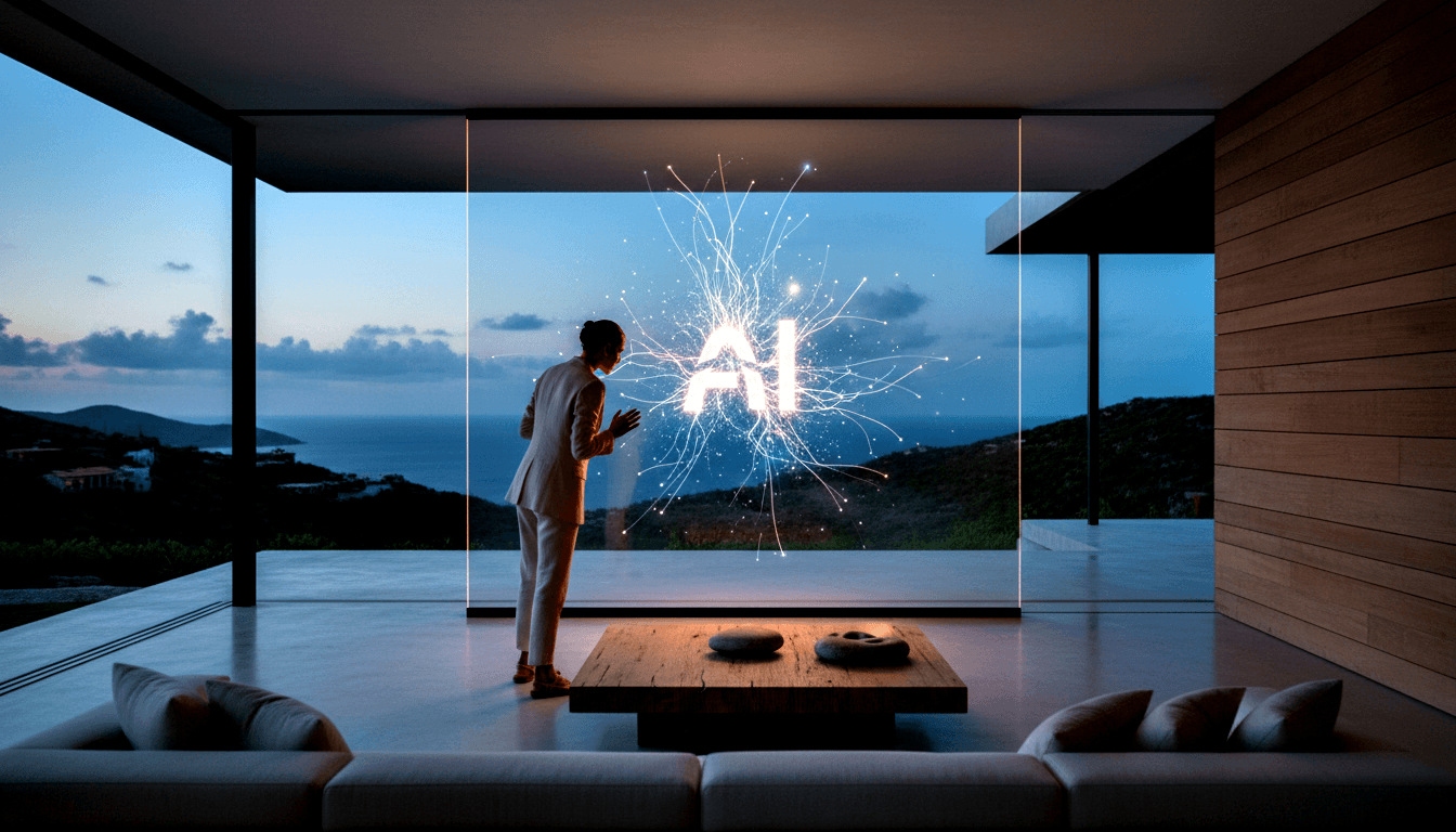 Woman in white pantsuit reaching toward glowing AI lettering with light filaments on a glass wall, twilight hills and ocean beyond.