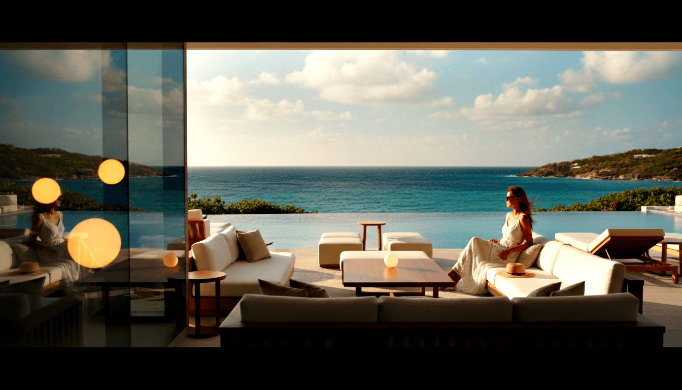 Woman in white dress and dark sunglasses seated on cream outdoor sofa with turquoise bay, green hillsides, and infinity pool beyond.