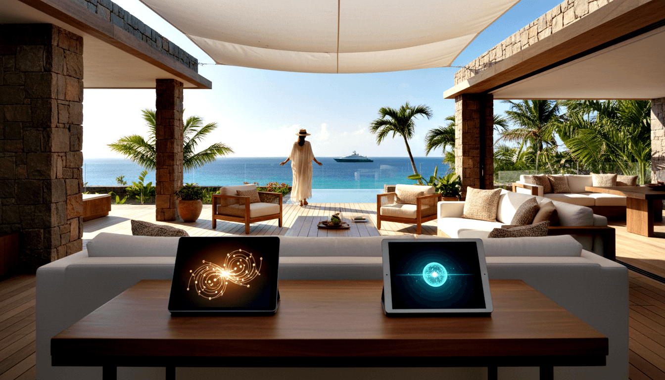 Tropical terrace infinity pool overlooking turquoise ocean; person in white dress; two tablets showing gold network and cyan sphere.