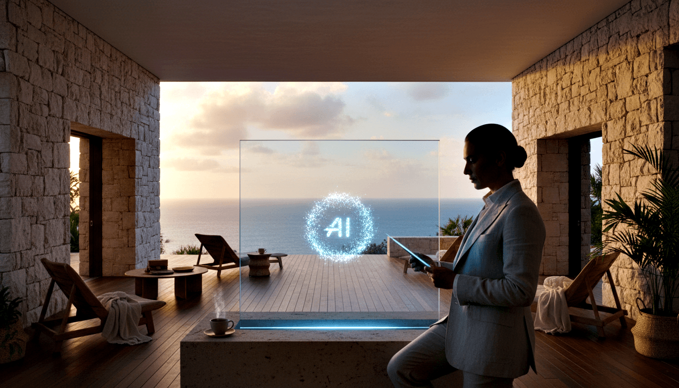 Woman in gray blazer touching a floating holographic panel with glowing 'AI' text on a terrace with an infinity pool and ocean view.