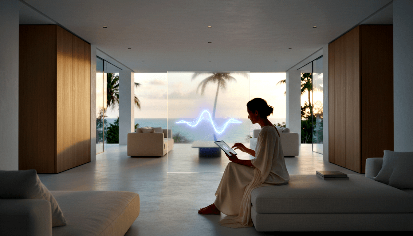 Woman on white sofa uses tablet; blue holographic waveform floats nearby; ocean sunset through floor-to-ceiling glass.