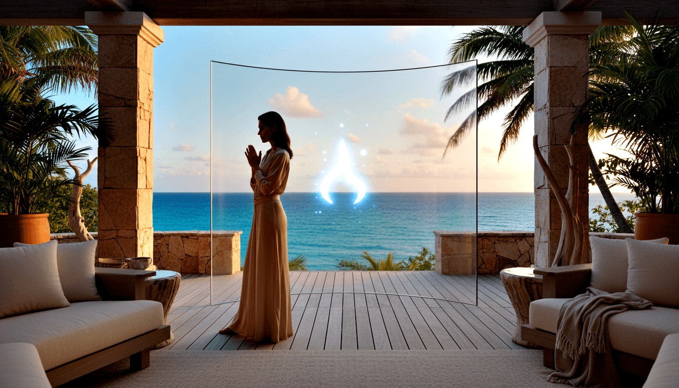 Woman in cream dress stands in prayer pose on columned terrace facing a glowing white-blue orb over calm turquoise ocean at golden hour.