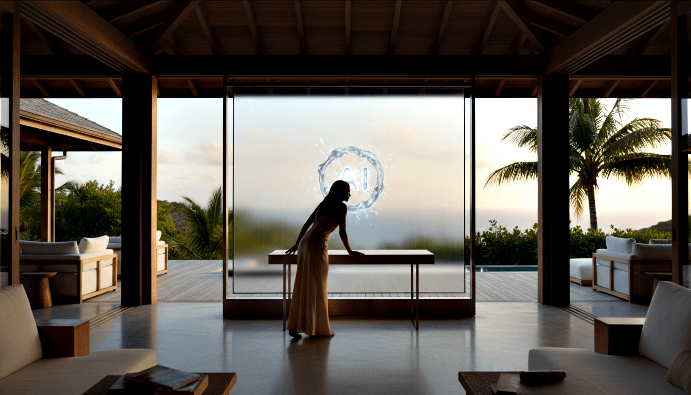 Female silhouette in long dress leans over a console table facing a frosted glass panel with a glowing circular AI emblem in an open pavilion.