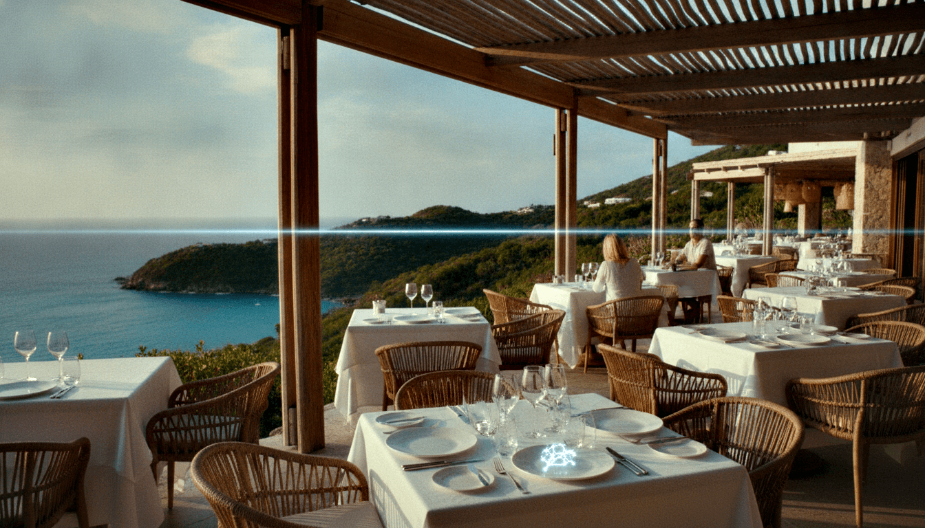 Pergola-covered dining terrace with white-clothed tables, crystal glasses, wicker chairs overlooking calm turquoise water at golden hour.