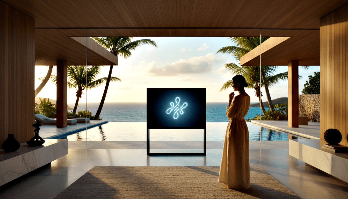 Woman in cream dress stands in profile, hand near chin, viewing a large framed glowing cyan neon swirling symbol.