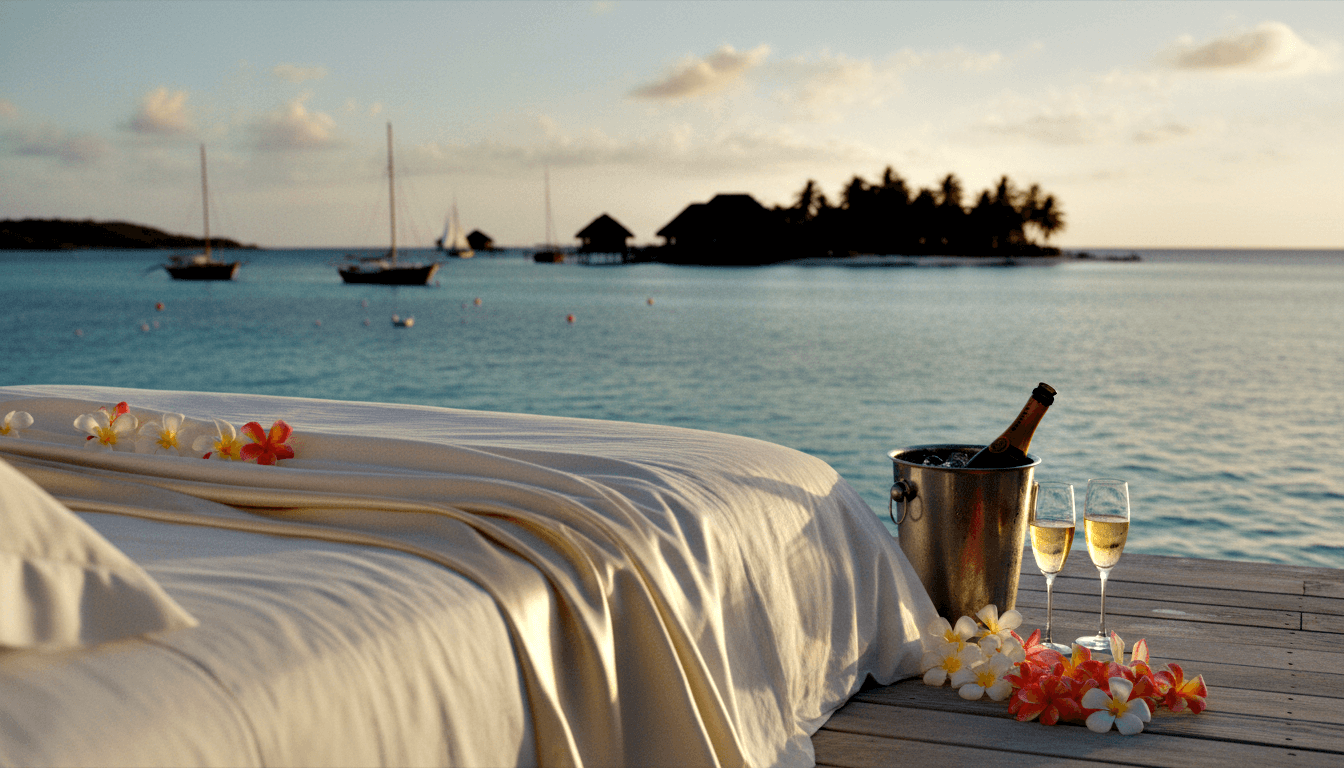 White linen daybed with scattered plumeria flowers on overwater deck, champagne in ice bucket with two flutes, lagoon and bungalows at dusk.