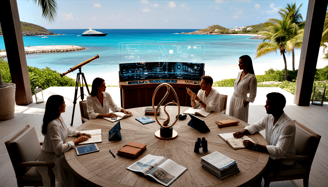 Four people in white linen at a circular table with tablets, telescope, and gold centerpiece on an open-air pavilion by a turquoise bay.