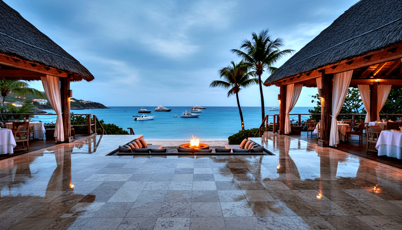Dusk resort terrace: thatched pavilions, central fire pit, cushioned seating, white-draped tables, turquoise sea with anchored yachts.