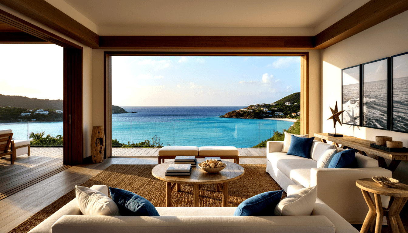 Open-plan living room with two white sofas and round wood coffee table facing folding doors opening to a deck with turquoise bay views.