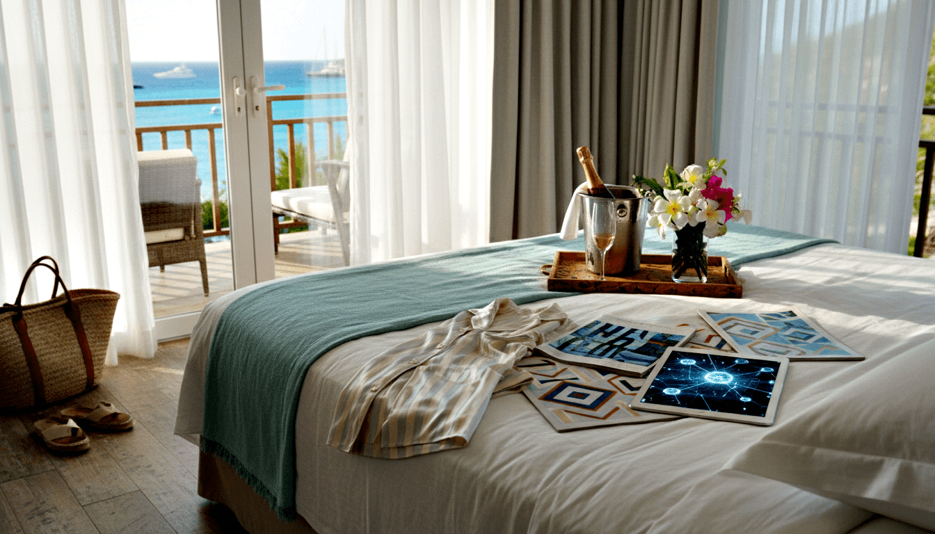 Coastal bedroom, white linens, teal runner, open glass doors to turquoise ocean; bed tray with wine, flowers, tablet.