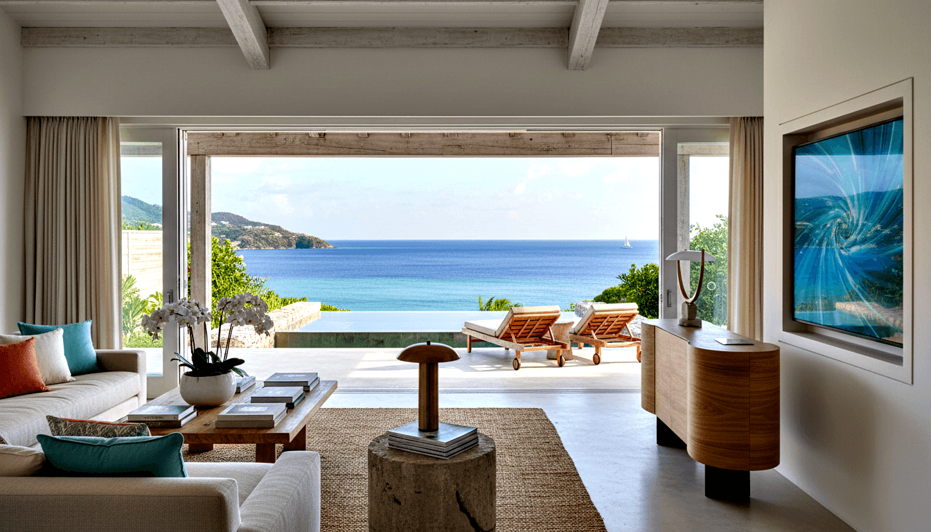 Open-plan living room with cream sectional sofa, teal and coral pillows, and frameless aperture opening to ocean terrace with loungers.
