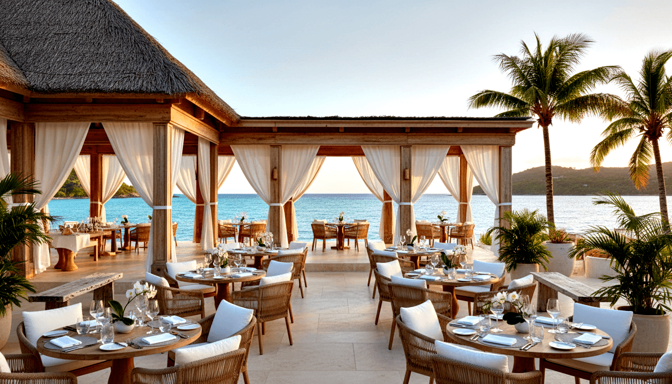 Beachfront restaurant terrace with round tables, wicker chairs, white orchids, and turquoise ocean view under a wood-beam pergola.
