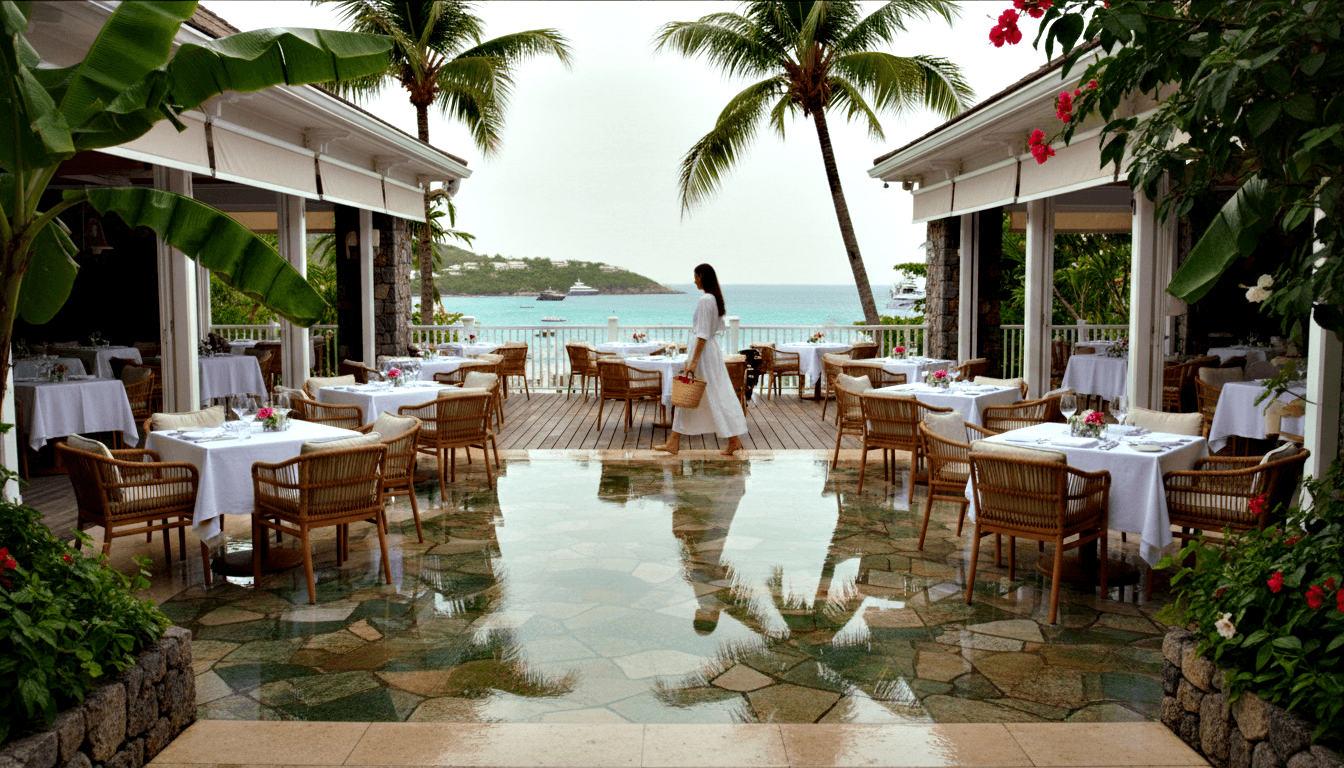 Tropical open-air restaurant terrace; barefoot woman in white dress carries woven basket toward turquoise bay with anchored yachts.