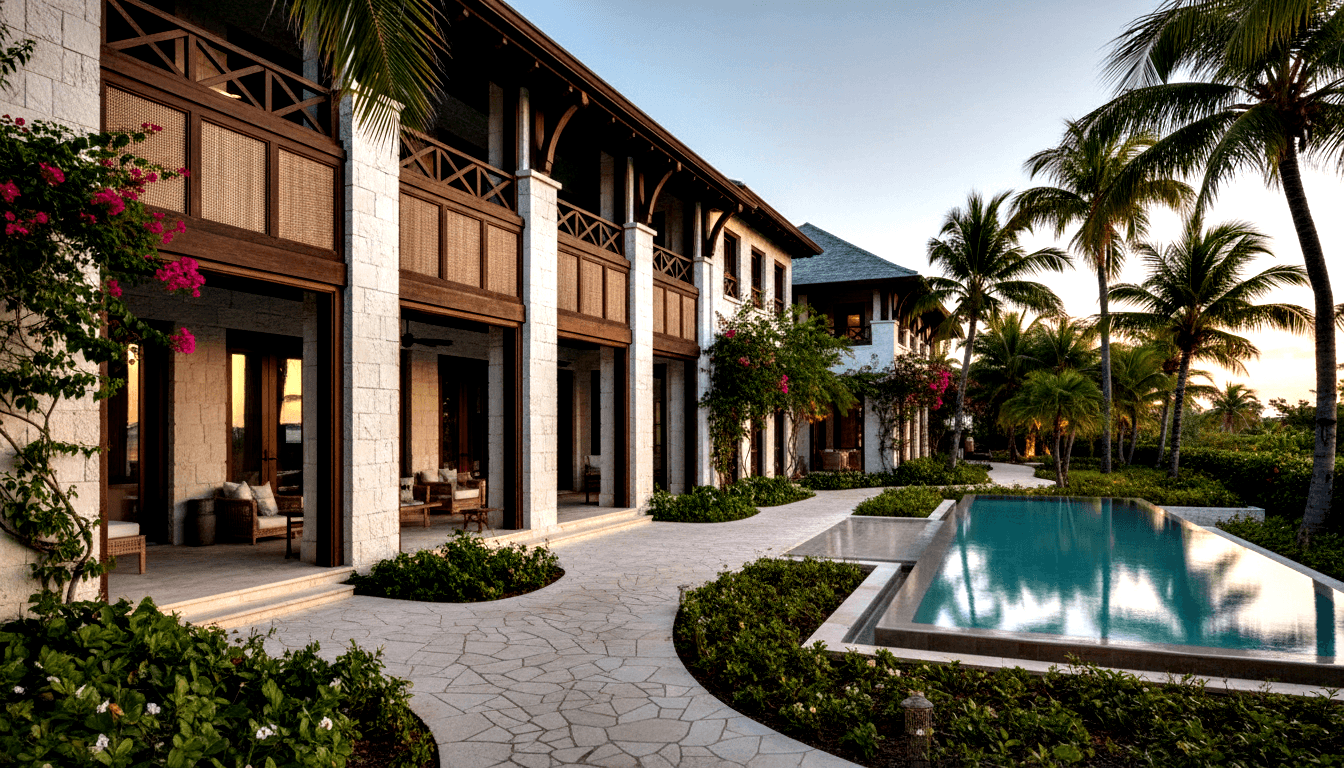 Tropical villa with cream stone facade, dark lattice railings, folding doors, turquoise pool, magenta bougainvillea, and palms.