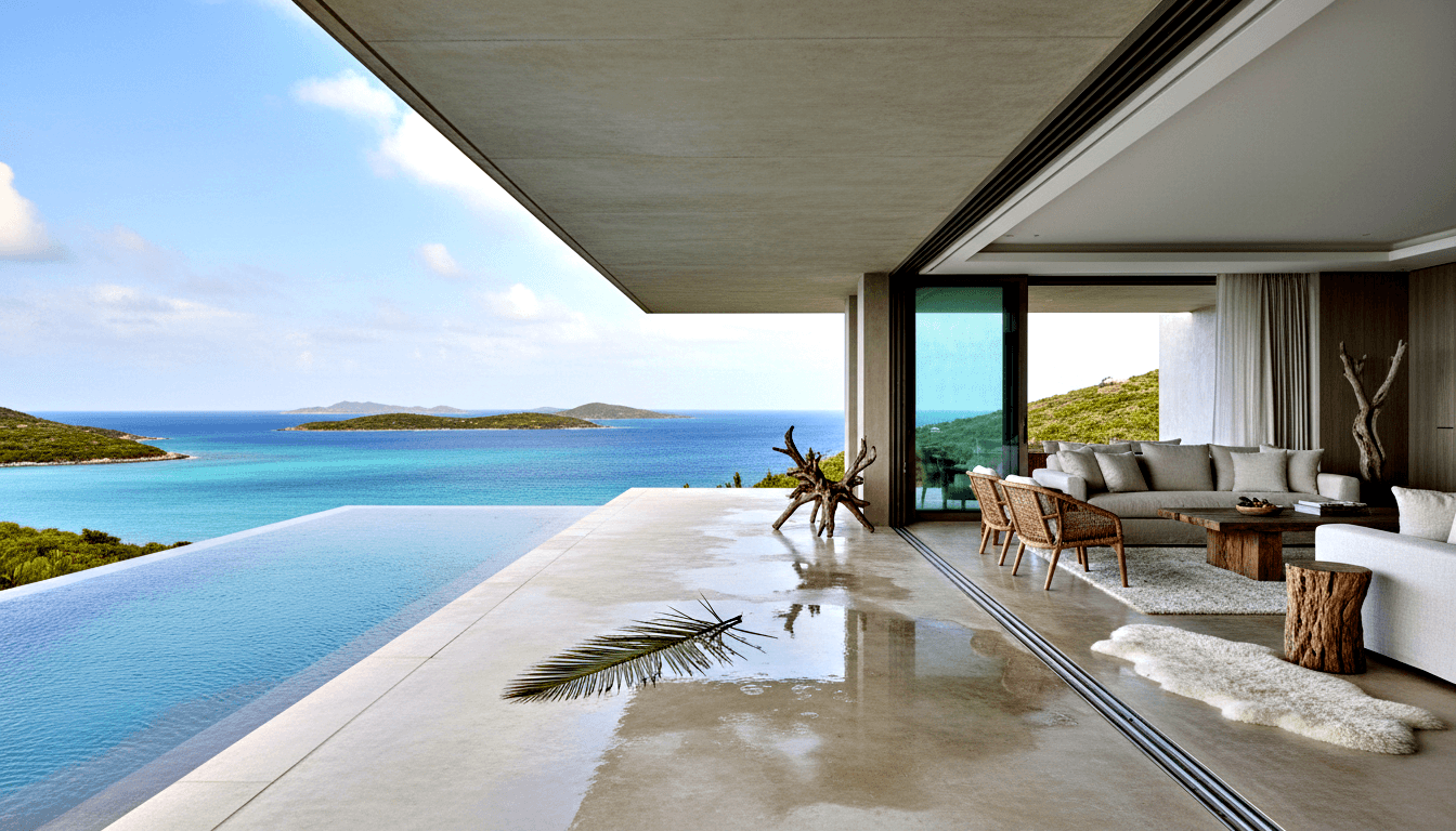 Open-plan lounge with neutral sectional sofa and rattan chairs opens through glass doors to an infinity pool merging with a turquoise bay.