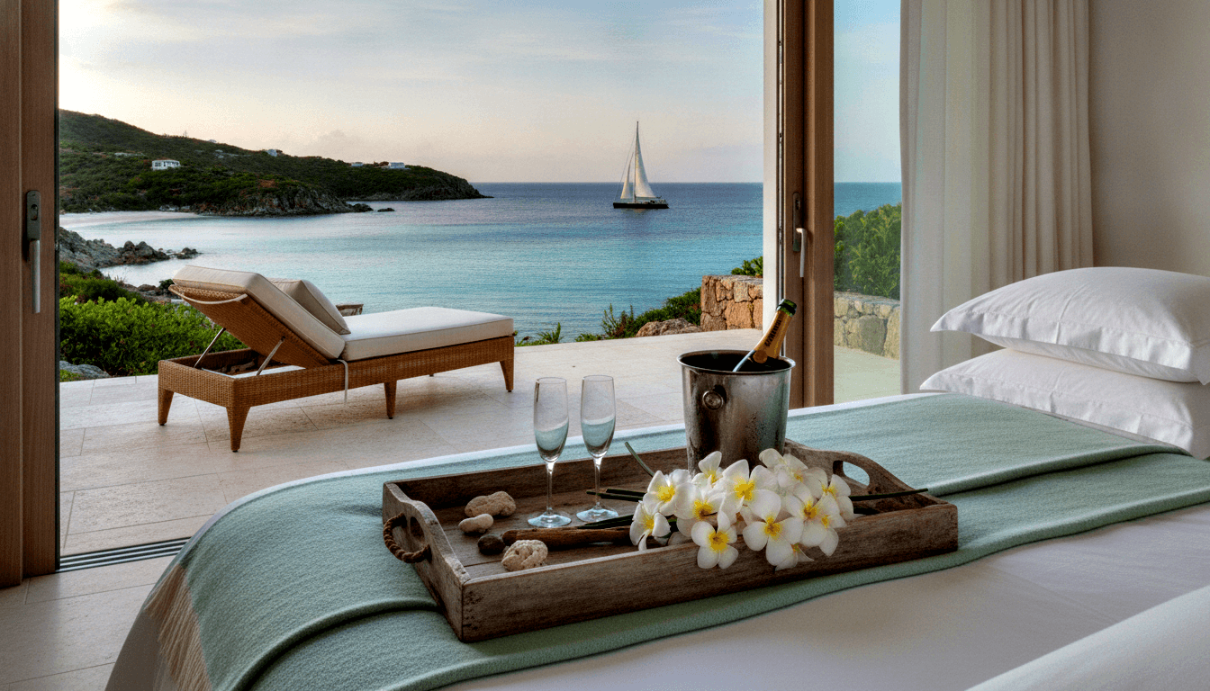Bedroom tray with champagne flutes, ice bucket, plumeria, and shells; open doors lead to terrace, rocky coastline, and turquoise ocean at dusk.