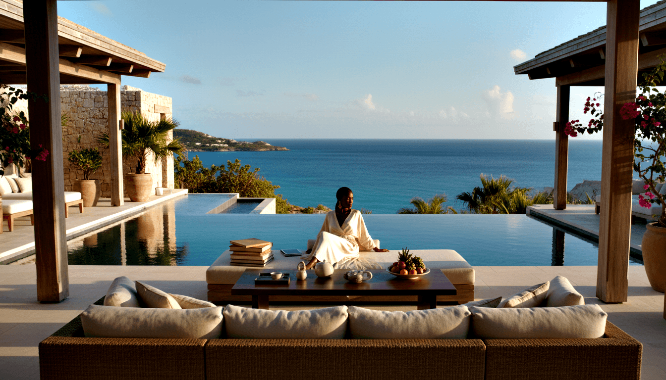 Dark-skinned woman in white flowing garment sits cross-legged on daybed between wooden columns, with infinity pool and turquoise ocean beyond.