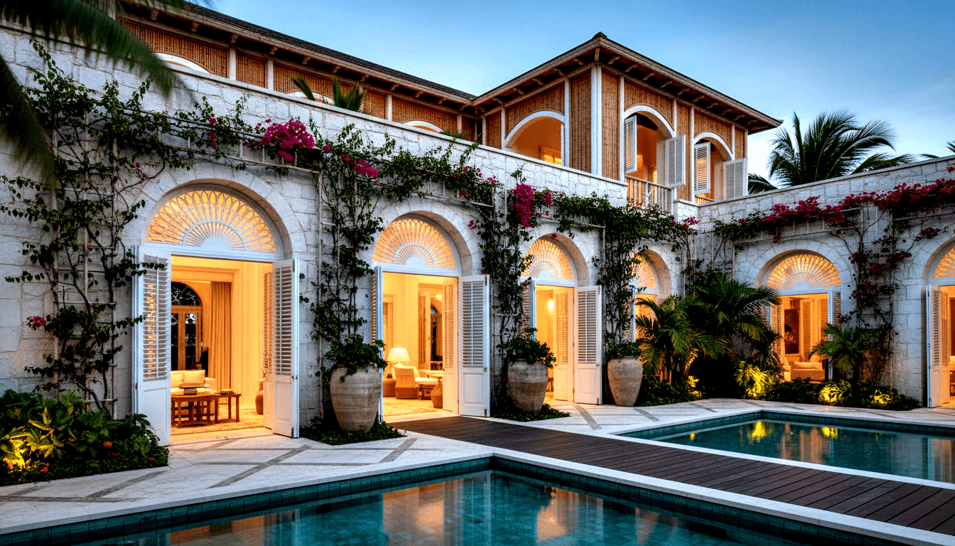 Stone building, bamboo upper level, arched colonnade, louvered shutters, amber lighting, rectangular pool at dusk.