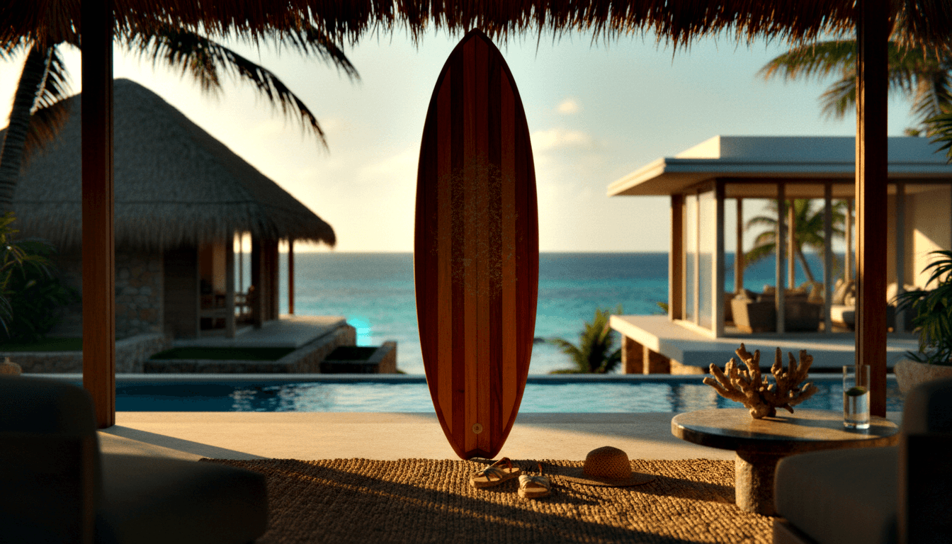 Reddish-brown wooden surfboard upright under a thatched roof, with flip-flops, straw hat, turquoise pool, palm trees, and ocean beyond.