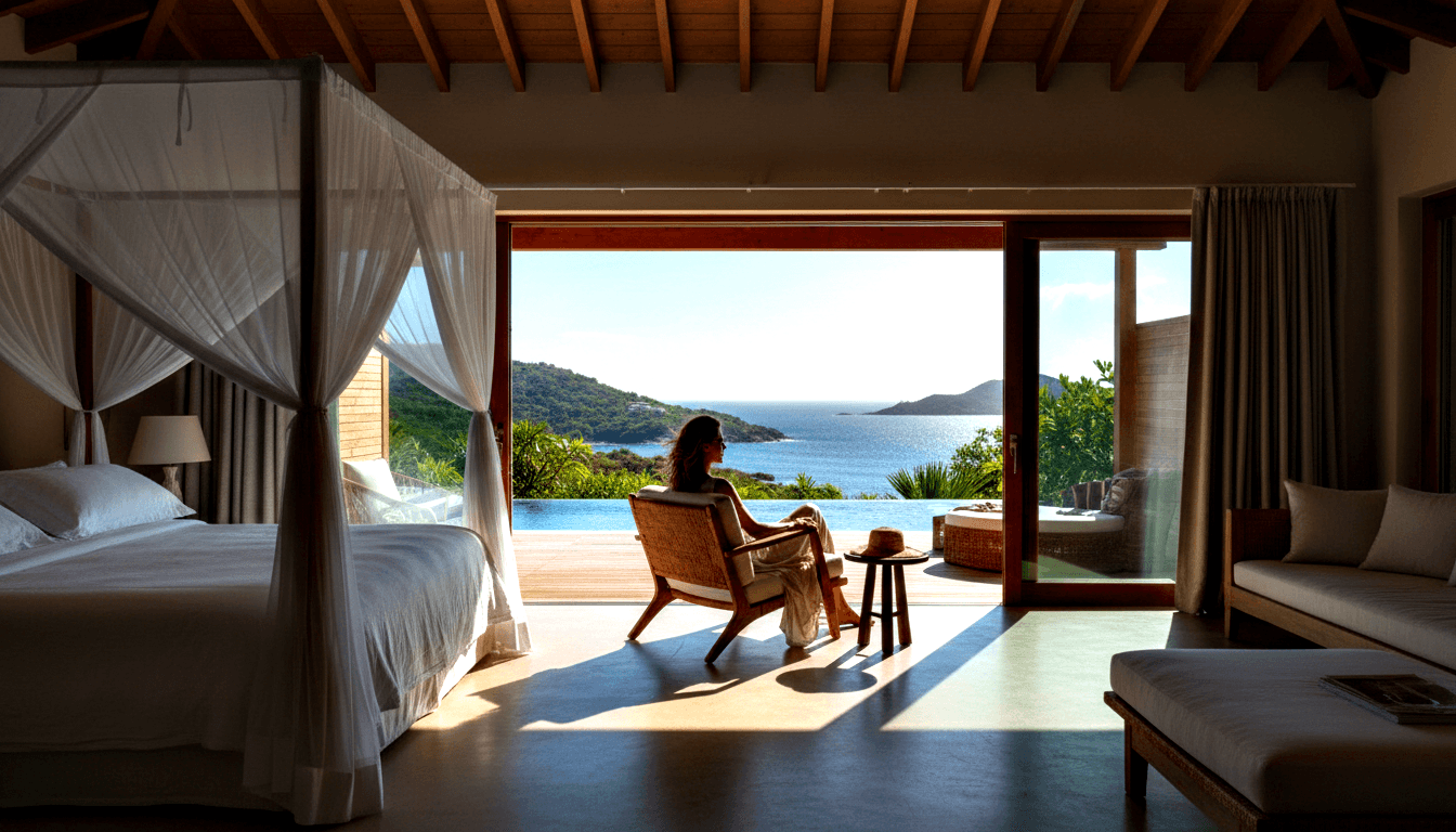 Woman with long dark hair and sunglasses in cream clothing sits in a wicker armchair at an open bedroom doorway overlooking calm blue water.