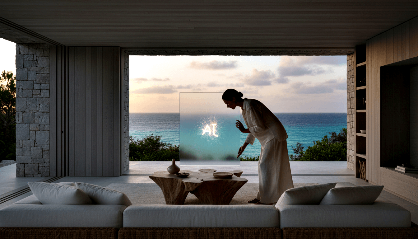 Woman in white robe reaching toward a glowing floating panel displaying 'AI' text, with turquoise ocean and pink-lavender twilight sky beyond.