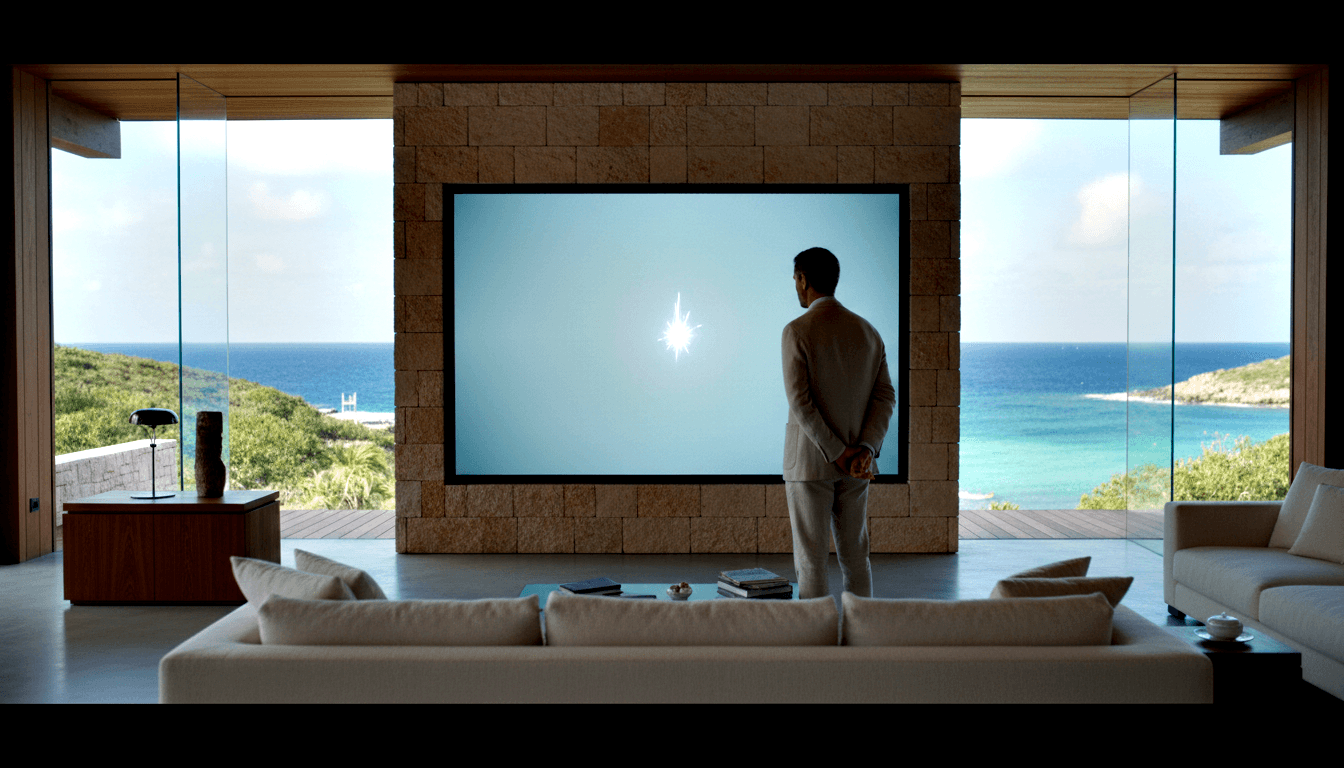 Man in beige suit with hands clasped behind back faces a large glowing screen set in a warm stone wall.